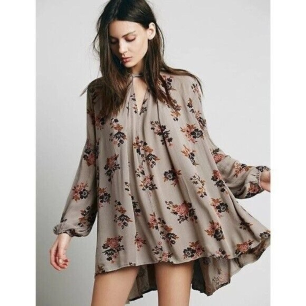 NWOT Free People retro print swing tunic taupe Sz XS